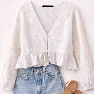 Zara White Embroidered Boho Peplum Tie Front Blouse Size XL